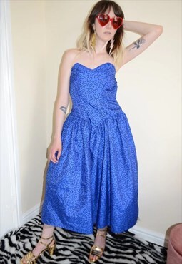 Vintage 80's Blue Strapless Prom Dress Embroidered REVIVAL