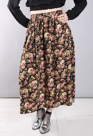 VINTAGE 80S ROSE FLORAL PATTERNED MIDI SKIRT