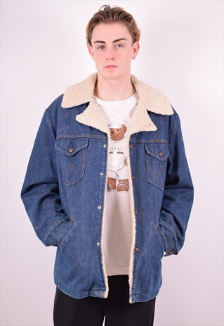 WRANGLER MENS VINTAGE SHERPA DENIM JACKET XL NAVY BLUE 90'S