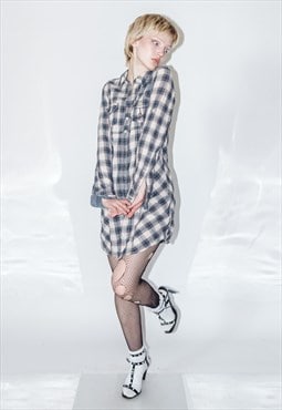 Vintage Y2K longsleeve plaid shirtdress in beige & blue