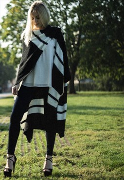 Knitted Poncho Cape in Black and White Stripe