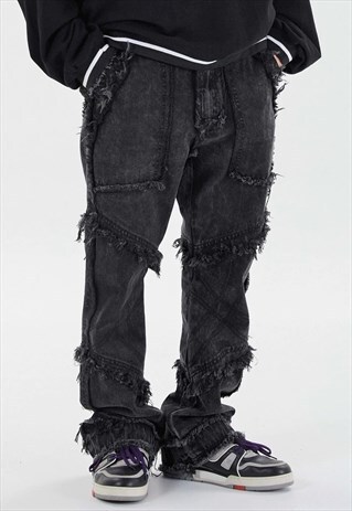 RAW FINISH JEANS DISTRESS REWORDED DENIM OVERALLS IN BLACK