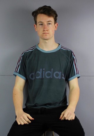 VINTAGE ADIDAS RINGER T-SHIRT IN BLUE WITH PRINTED LOGO. BIG