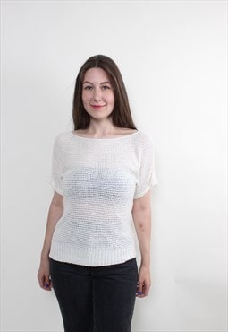 Vintage 90s knit blouse, white sheer blouse, transparent