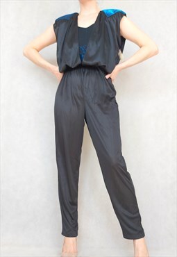 Vintage 80s Black and Metallic Blue Jumpsuit, Medium Size