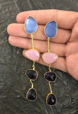 LONG DANGLING FAUX GEMSTONE EARRINGS ROSE QUARTZ AMETHYST
