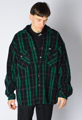 MUSTANG VINTAGE GREEN CHECK GRUNGE THICK WOOL BLEND SHIRT