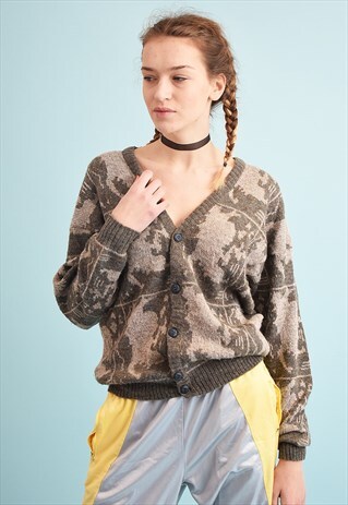70'S RETRO ABSTRACT PATTERN SLOUCHY KNIT CARDIGAN