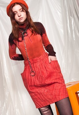 Vintage leather skirt 80s high-waist orange designer mini