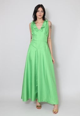70's Vintage Ladies Dress Sleeveless Ruffle Green Maxi