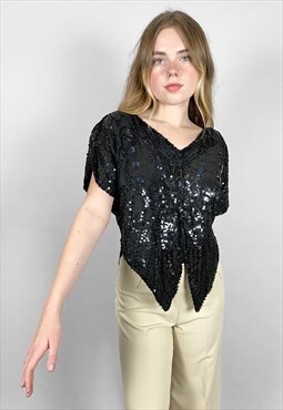 Iconic Vintage 70's Butterly Black Sequin Ladies Top Evening