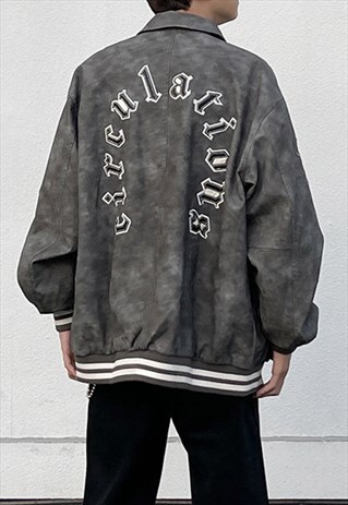 Grey faux leather Embroidered Oversized Racing jacket Y2k
