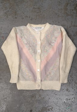 Vintage Knitted Patterned Cardigan Cute Cottagecore Flower 