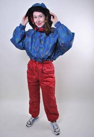 VINTAGE SKI SUIT, MULTICOLOR WOMAN SNOWSUIT FAUX FUR HOOD