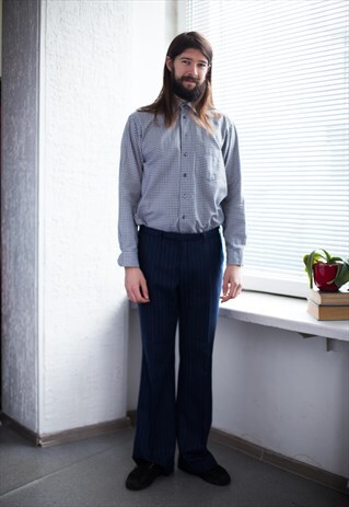 VINTAGE 70'S NAVY STRIPED STRAIGHT WOOL TROUSERS