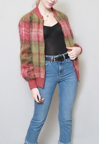 VINTAGE 1970'S MOHAIR RED AND GREEN TARTAN BOMBER JACKET