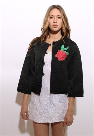 VINTAGE 1970'S 70'S BLACK QUILTED SATIN JACKET WITH ROSE S-M