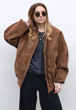 VINTAGE TAN BROWN SUEDE OVERSIZED BOMBER JACKET