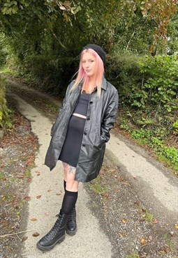 Vintage 90s Y2K Genuine Leather Longline Black Trench Coat