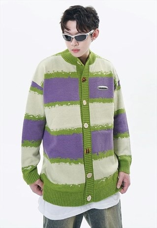 STRIPE CARDIGAN ZEBRA JUMPER KOREAN KNITTED TOP IN GREEN