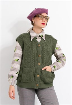 Vintage sweater vest in khaki green with golden buttons