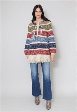 70's Ladies Vintage Hooded Fringed Wool Cape Jacket Coat