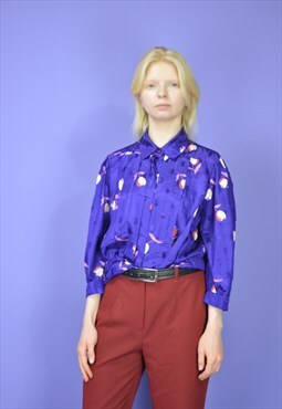 Vintage blue graphic classic long sleeve blouse