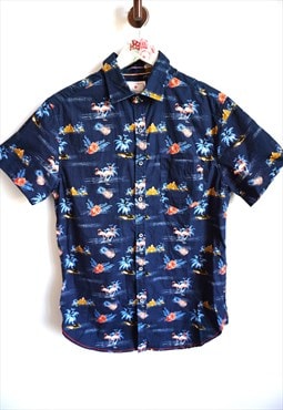 Vintage Crazy Pattern Shirt Hawaii Palms Top Dark blue