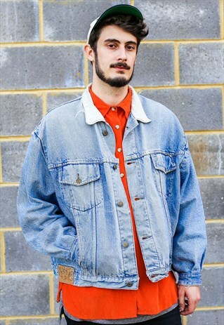 DENIM JACKET WITH ARM PATCH, CREAM COLLAR & CHECK LINING