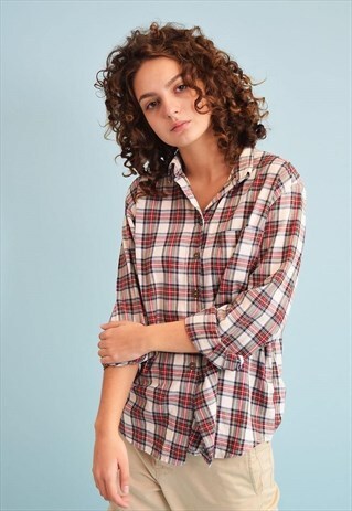 90'S RETRO CHECKED PRINT OVERSIZED WORKWEAR SHIRT TOP