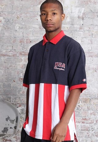 VINTAGE CHAMPION USA LOGO POLO SHIRT NAVY BLUE RED