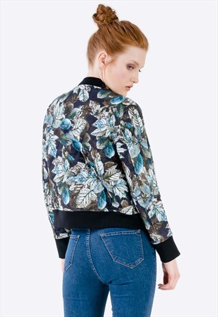 FLOWER PRINT WOMEN BOMBER JACKET WITH SIDE POCKETS