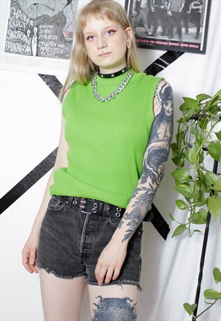 90S GRUNGE Y2K GOTH NEON LIME GREEN RIBBED HIGH NECK TOP