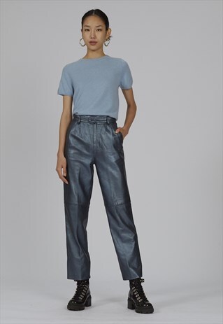 VINTAGE 80S METALLIC MIDNIGHT BLUE HIGH WAISTED LEATHER TROU