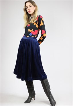 Vintage 90s Kenzo Pleated Velvet Midi Skirt Small Navy Blue