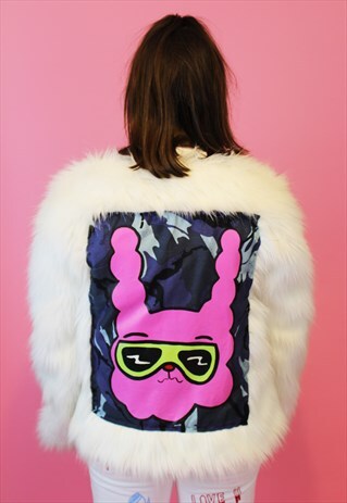 WHITE FLUFFY JACKET WITH HAND PAINTED GRAPHIC