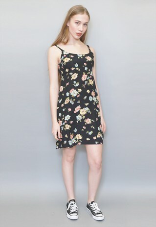 VINTAGE 1990'S BLACK FLORAL PRINT STRAPPY MINI DRESS