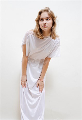 Vintage 90s Minimal Short Sleeve White Waisted Slip Dress L
