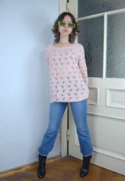 Vintage 90's crochet knitted baggy long jumper pastel pink