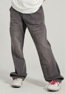 Crumpled jeans straight fit washed out denim pants in grey