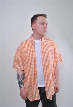 Vintage orange plaid shirt, retro short sleeve button down 
