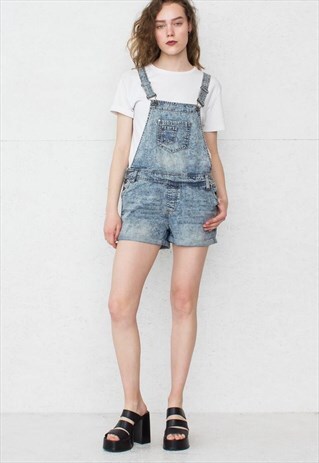 VINTAGE BLUE ACID WASH DENIM PLAYSUIT DUNGAREES SHORTS