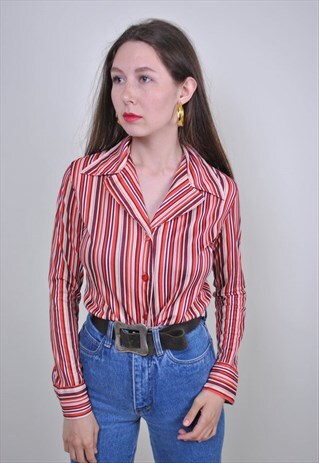 PINK STRIPED BLOUSE, VINTAGE SEXY EVEING DECOLLETE SHIRT
