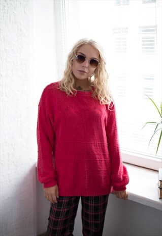 VINTAGE 80'S PINK/RED KNITTED COTTON JUMPER