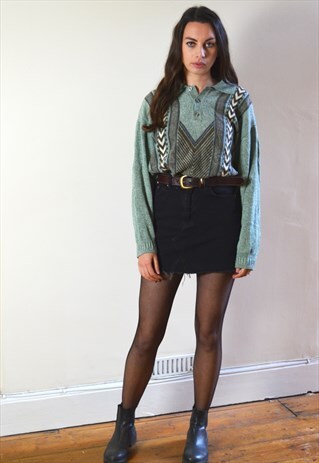 80S VINTAGE MINT GREEN & GREY COLLARED PATTERN KNIT JUMPER