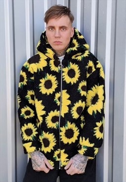 Sunflower fleece hoodie daisy print floral bomber jacket