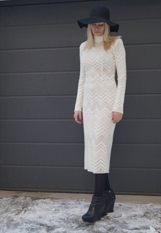 WHITE KNIT DRESS PENCIL EVENING LONG SLEEVE DRESS F1540
