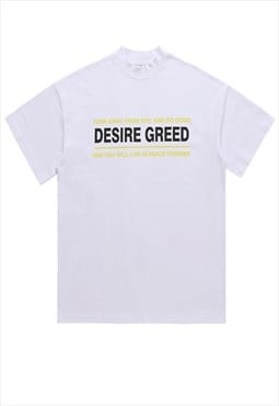 Greed t-shirt grunge tee retro slogan raver top in white