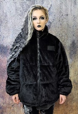 Faux fur bomber jacket in black thick fleece varsity coat
