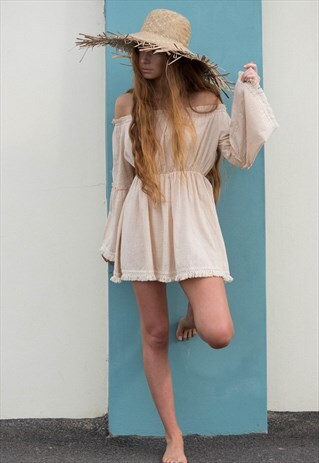 LINEN STYLE OFF THE SHOULDER SUMMER DRESS